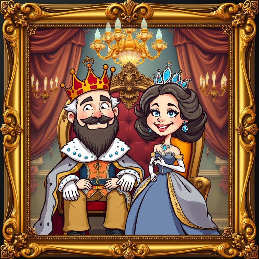 A whimsical cartoon reinterpretation of an 1800s painting featuring a king and queen, adorned in luxurious royal attire