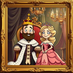 A whimsical cartoon reinterpretation of an 1800s painting featuring a king and queen, adorned in luxurious royal attire