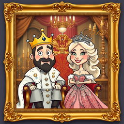 A whimsical cartoon reinterpretation of an 1800s painting featuring a king and queen, adorned in luxurious royal attire
