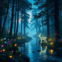 An enchanting forest at twilight, glowing with bioluminescent plants and fireflies, with a serene river winding through, reflecting the shimmering night sky