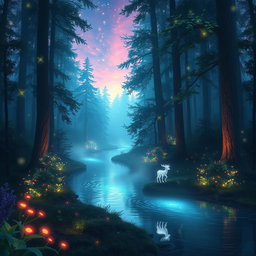 An enchanting forest at twilight, glowing with bioluminescent plants and fireflies, with a serene river winding through, reflecting the shimmering night sky