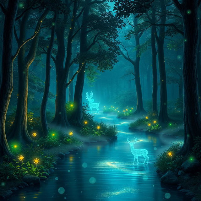 An enchanting forest at twilight, glowing with bioluminescent plants and fireflies, with a serene river winding through, reflecting the shimmering night sky