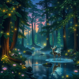 An enchanting forest at twilight, glowing with bioluminescent plants and fireflies, with a serene river winding through, reflecting the shimmering night sky