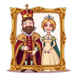A whimsical cartoon-style illustration depicting a 1800s king and queen portrait, featuring a regal king in elaborate gold and velvet attire, wearing a crown, and a graceful queen in a flowing gown adorned with jewels, also wearing a tiara