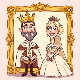 A whimsical cartoon-style illustration depicting a 1800s king and queen portrait, featuring a regal king in elaborate gold and velvet attire, wearing a crown, and a graceful queen in a flowing gown adorned with jewels, also wearing a tiara