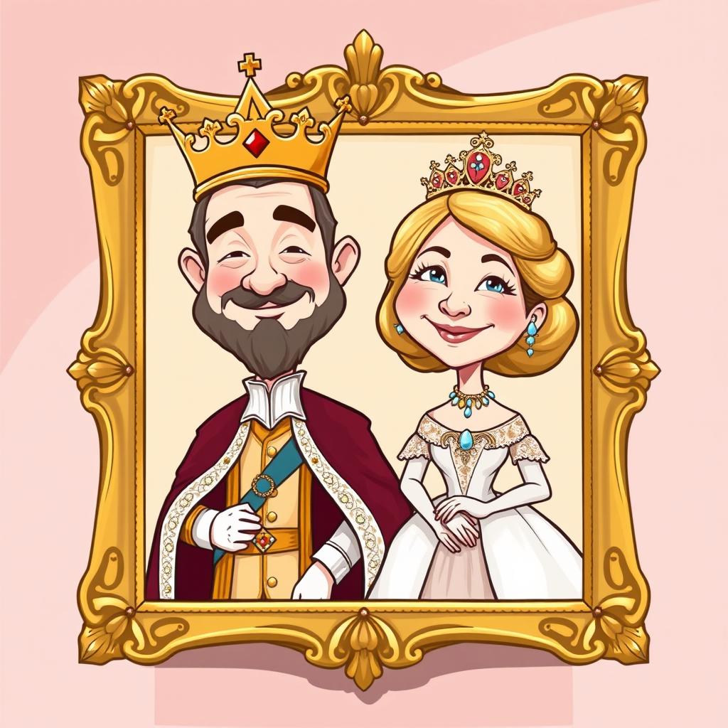 A whimsical cartoon-style illustration depicting a 1800s king and queen portrait, featuring a regal king in elaborate gold and velvet attire, wearing a crown, and a graceful queen in a flowing gown adorned with jewels, also wearing a tiara