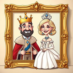 A whimsical cartoon-style illustration depicting a 1800s king and queen portrait, featuring a regal king in elaborate gold and velvet attire, wearing a crown, and a graceful queen in a flowing gown adorned with jewels, also wearing a tiara