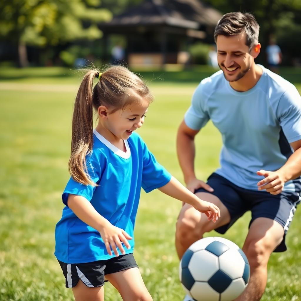 A heartwarming scene of a young Canadian girl, around 10 years old, enthusiastically learning to play football with her supportive dad