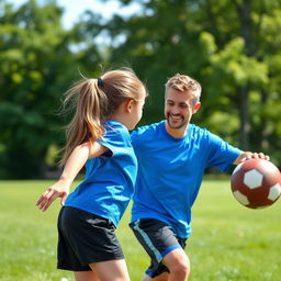A heartwarming scene of a young Canadian girl, around 10 years old, enthusiastically learning to play football with her supportive dad