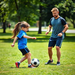 A heartwarming scene of a young Canadian girl, around 10 years old, enthusiastically learning to play football with her supportive dad