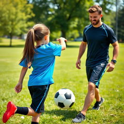 A heartwarming scene of a young Canadian girl, around 10 years old, enthusiastically learning to play football with her supportive dad