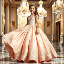 A beautiful girl elegantly dressed in a stunning ballgown, showcasing intricate details and flowing fabric