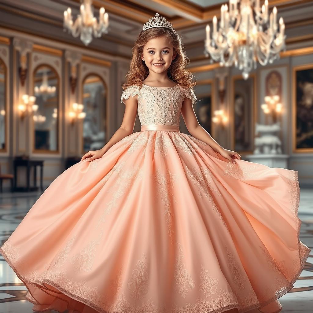 A beautiful girl elegantly dressed in a stunning ballgown, showcasing intricate details and flowing fabric