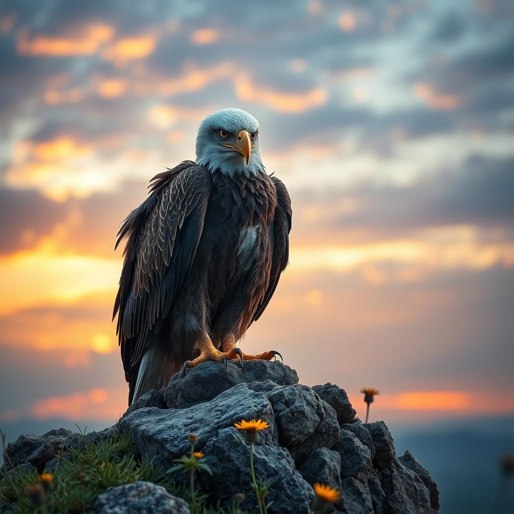 A majestic, injured eagle perched on a rocky cliff, its feathers ruffled and eyes displaying a sense of struggle and determination