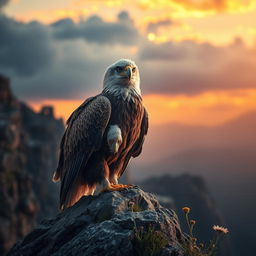 A majestic, injured eagle perched on a rocky cliff, its feathers ruffled and eyes displaying a sense of struggle and determination
