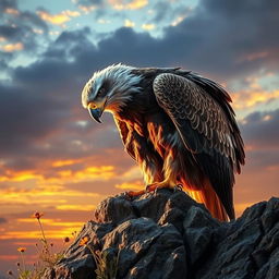 A majestic, injured eagle perched on a rocky cliff, its feathers ruffled and eyes displaying a sense of struggle and determination