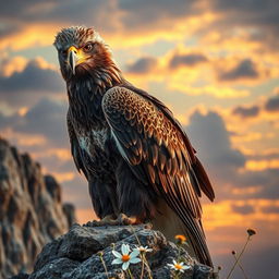 A majestic, injured eagle perched on a rocky cliff, its feathers ruffled and eyes displaying a sense of struggle and determination