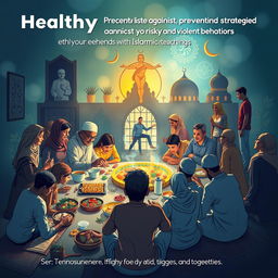 A visually captivating representation highlighting healthy lifestyles and prevention strategies against risky and violent behaviors, intertwined with Islamic teachings