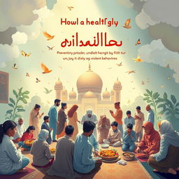 A visually captivating representation highlighting healthy lifestyles and prevention strategies against risky and violent behaviors, intertwined with Islamic teachings