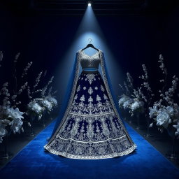A stunning dark blue (#232857) lehenga adorned with intricate silver lining, beautifully displayed on a dark blue (#232857) and silver-themed aisle