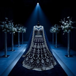 A stunning dark blue (#232857) lehenga adorned with intricate silver lining, beautifully displayed on a dark blue (#232857) and silver-themed aisle