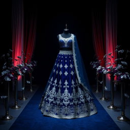 A stunning dark blue (#232857) lehenga adorned with intricate silver lining, beautifully displayed on a dark blue (#232857) and silver-themed aisle
