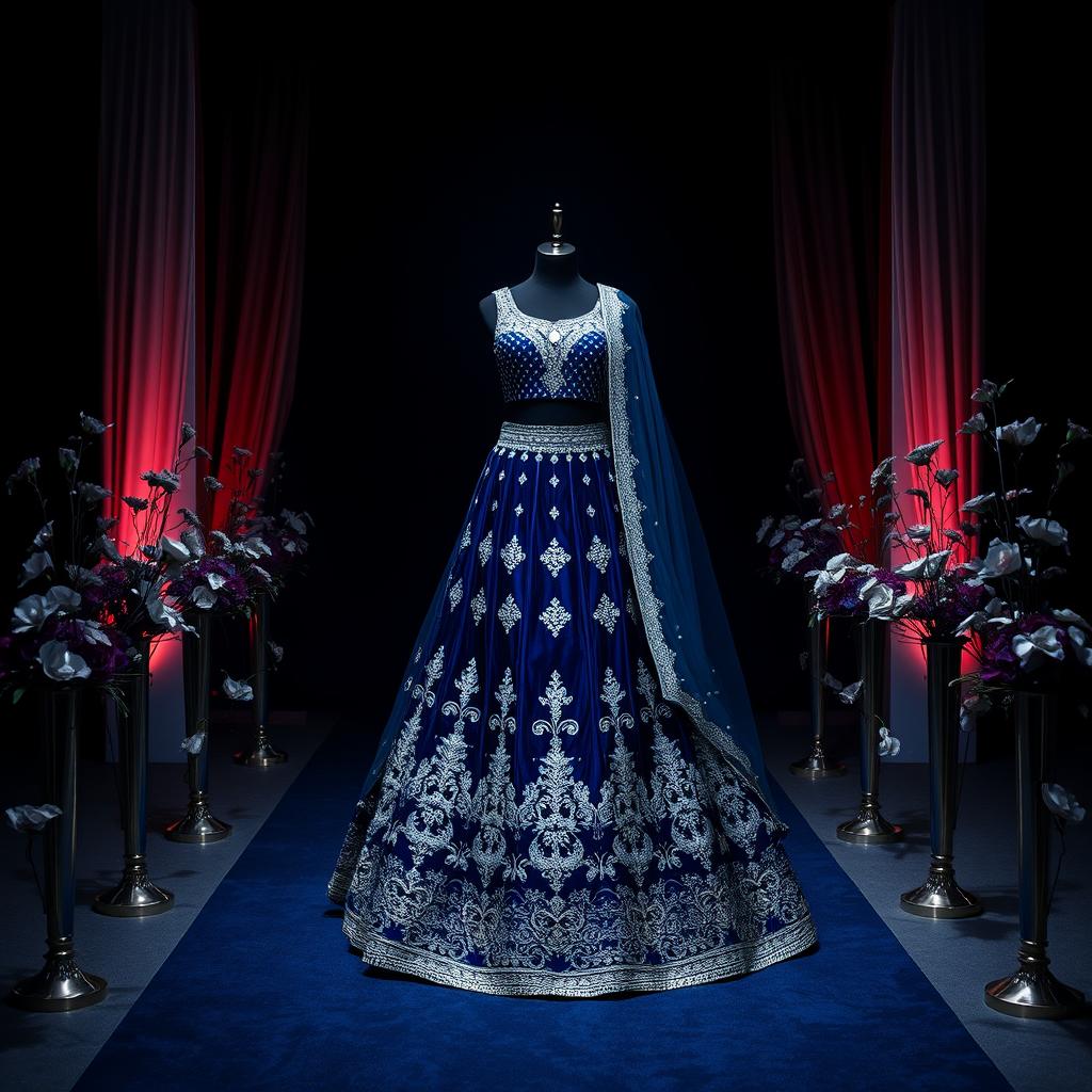 A stunning dark blue (#232857) lehenga adorned with intricate silver lining, beautifully displayed on a dark blue (#232857) and silver-themed aisle