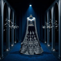 A stunning dark blue (#232857) lehenga adorned with intricate silver lining, beautifully displayed on a dark blue (#232857) and silver-themed aisle