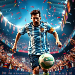 A dynamic portrait of Lionel Messi, the famous Argentine soccer player, captured mid-action as he dribbles a soccer ball through a vibrant stadium full of cheering fans