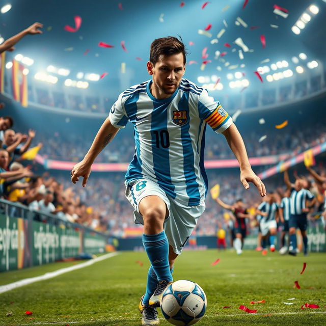 A dynamic portrait of Lionel Messi, the famous Argentine soccer player, captured mid-action as he dribbles a soccer ball through a vibrant stadium full of cheering fans