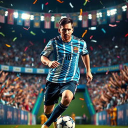 A dynamic portrait of Lionel Messi, the famous Argentine soccer player, captured mid-action as he dribbles a soccer ball through a vibrant stadium full of cheering fans