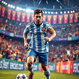 A dynamic portrait of Lionel Messi, the famous Argentine soccer player, captured mid-action as he dribbles a soccer ball through a vibrant stadium full of cheering fans