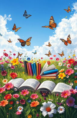 A serene digital painting depicting an array of colorful books lying open on a grassy field adorned with vibrant flowers in full bloom and fluttering butterflies all around