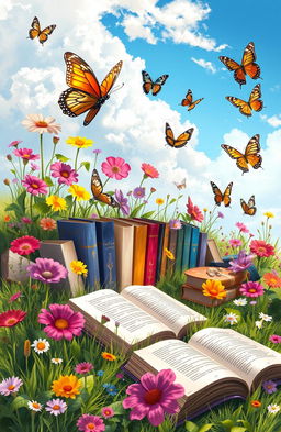A serene digital painting depicting an array of colorful books lying open on a grassy field adorned with vibrant flowers in full bloom and fluttering butterflies all around