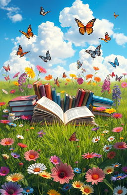 A serene digital painting depicting an array of colorful books lying open on a grassy field adorned with vibrant flowers in full bloom and fluttering butterflies all around