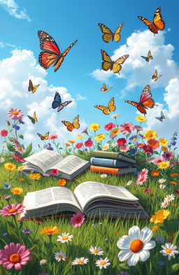 A serene digital painting depicting an array of colorful books lying open on a grassy field adorned with vibrant flowers in full bloom and fluttering butterflies all around