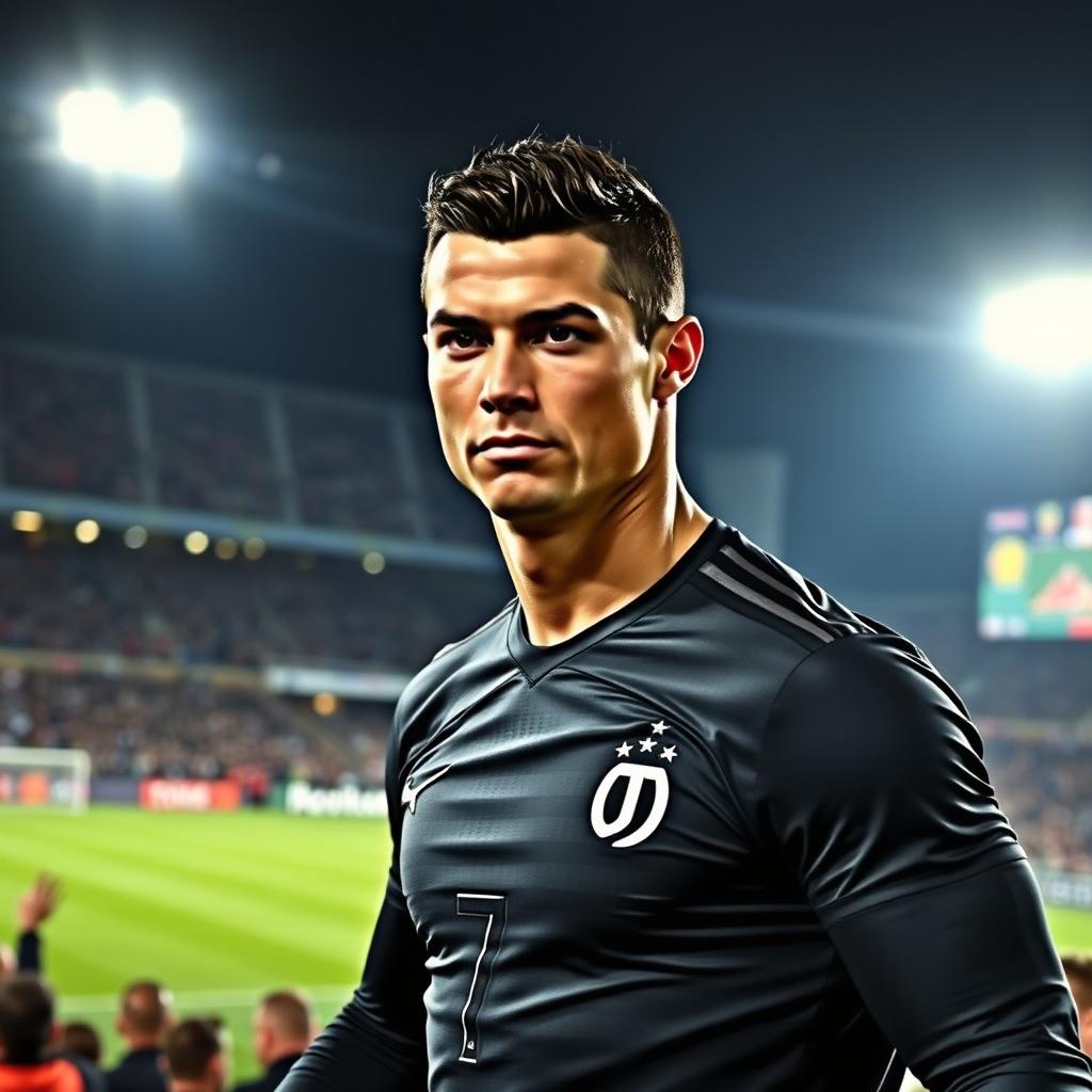 A portrait of Cristiano Ronaldo, showcasing his athletic physique and confident expression