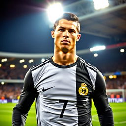 A portrait of Cristiano Ronaldo, showcasing his athletic physique and confident expression