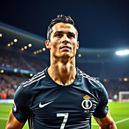 A portrait of Cristiano Ronaldo, showcasing his athletic physique and confident expression
