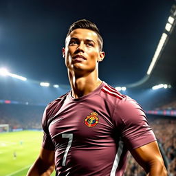 A portrait of Cristiano Ronaldo, showcasing his athletic physique and confident expression