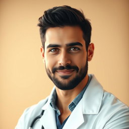 A portrait of a male doctor with black hair and amber eyes, sporting a short beard