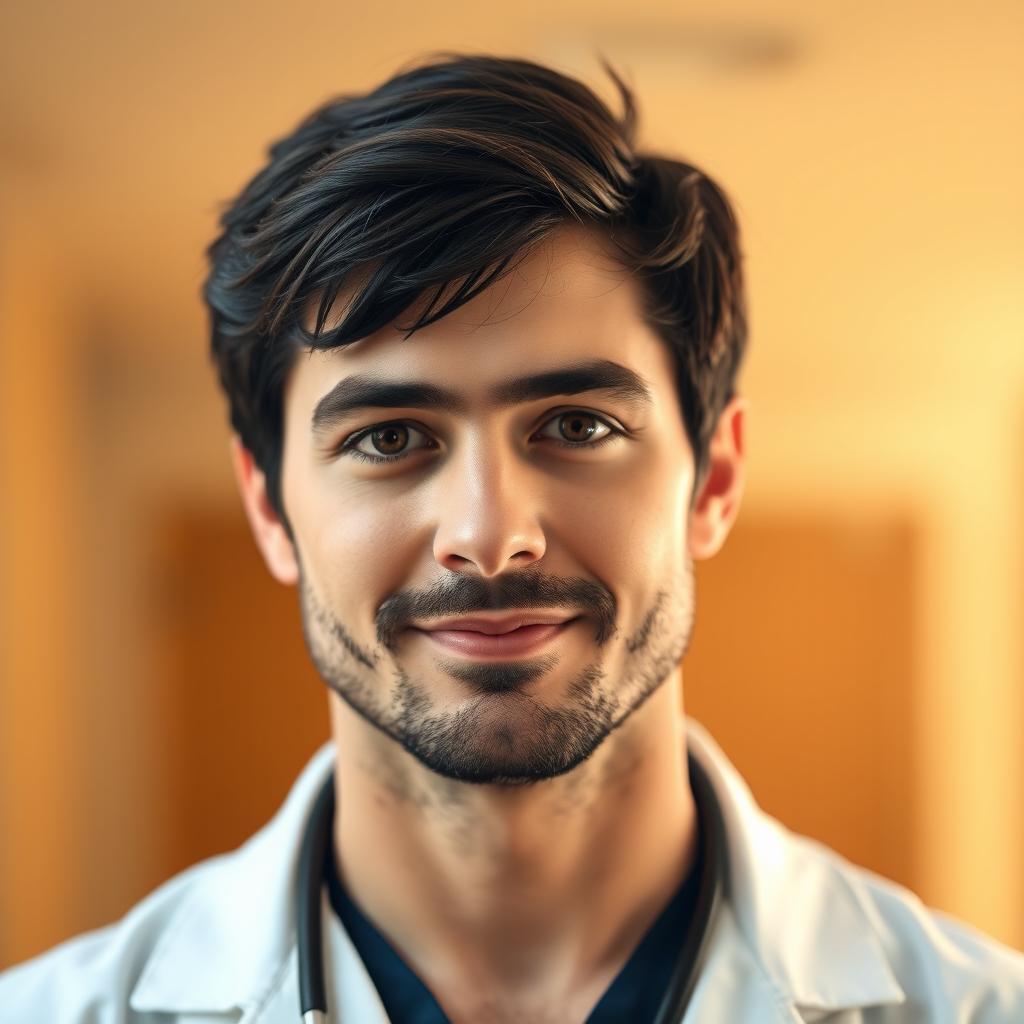 A portrait of a male doctor with black hair and amber eyes, sporting a short beard