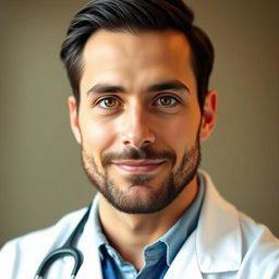A portrait of a male doctor with black hair and amber eyes, sporting a short beard