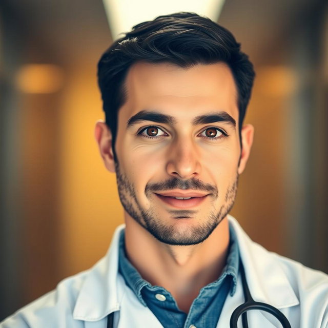 A portrait of a male doctor with black hair and amber eyes, sporting a short beard