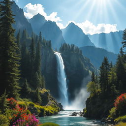 A stunning mountain landscape featuring a magnificent waterfall cascading down rocky cliffs, surrounded by lush green forests and vibrant wildflowers