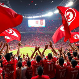 A vibrant scene of fans cheering passionately at a Persepolis football club match, showcasing the electrifying atmosphere of a stadium filled with red and white colors
