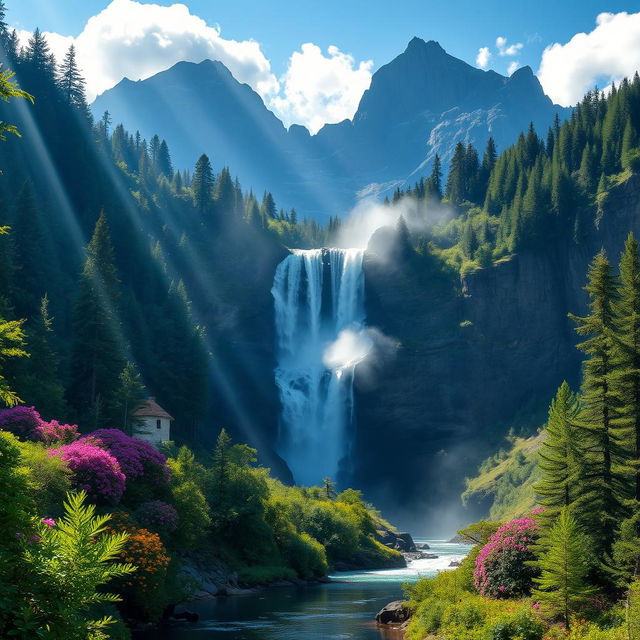 A stunning mountain landscape featuring a magnificent waterfall cascading down rocky cliffs, surrounded by lush green forests and vibrant wildflowers
