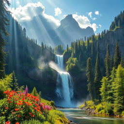 A stunning mountain landscape featuring a magnificent waterfall cascading down rocky cliffs, surrounded by lush green forests and vibrant wildflowers