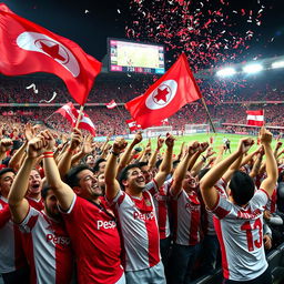 A vibrant scene of fans cheering passionately at a Persepolis football club match, showcasing the electrifying atmosphere of a stadium filled with red and white colors