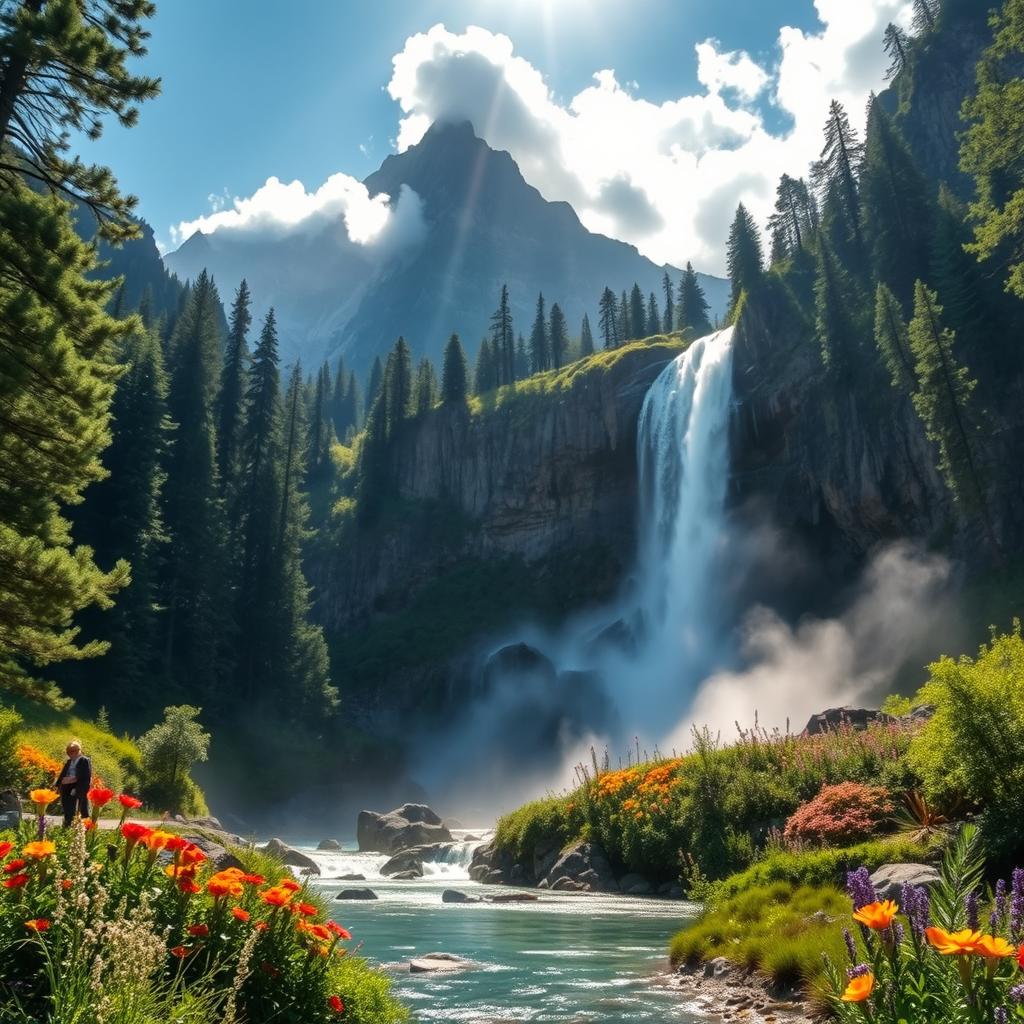 A stunning mountain landscape featuring a magnificent waterfall cascading down rocky cliffs, surrounded by lush green forests and vibrant wildflowers